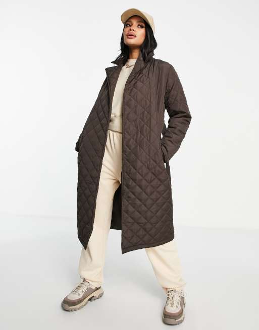 Threadbare – Plusstorlek – Olive – Chokladbrun quiltad trenchcoat med skärp