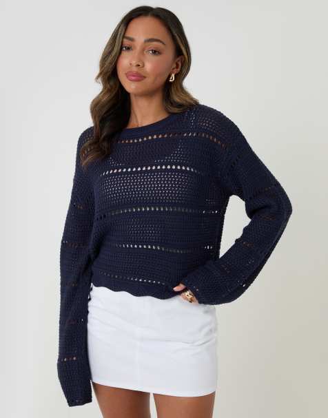 Threadbare Pointelle knit crew neck jumper in navy