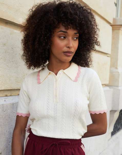 Threadbare Pointelle knit scalloped polo collar top in cream