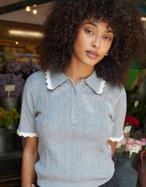 Threadbare Pointelle knit scalloped polo collar top in grey - view 1