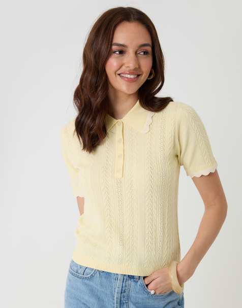 Threadbare Pointelle knit scalloped polo shirt in lemon - view 1