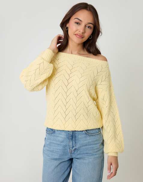Threadbare Pointelle knit slash neck jumper in yellow