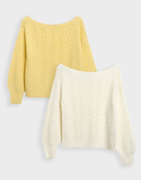 Threadbare Pointelle knit slash neck jumpers - 2 pack in yellow - view 1