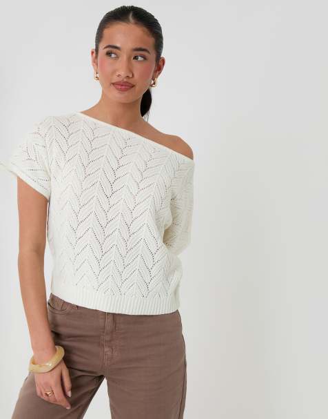 Threadbare Pointelle knit slash neck top in cream - view 1