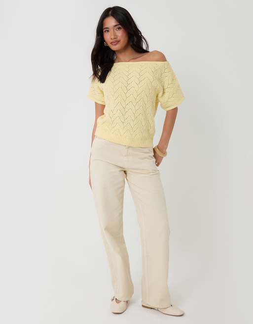 Threadbare Pointelle knit slash neck top in lemon, 2 of 4