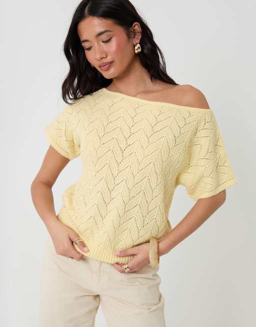 Threadbare Pointelle knit slash neck top in lemon, 3 of 4