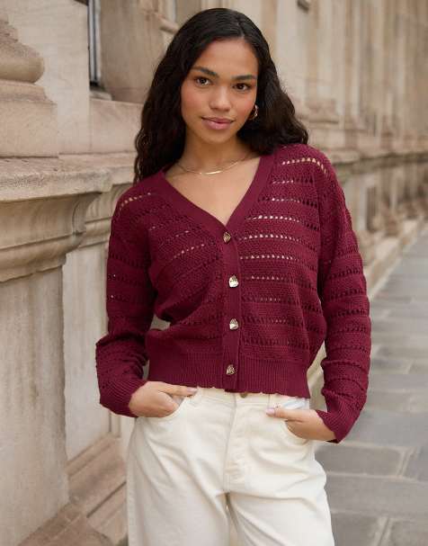 Threadbare Pointelle knit v-neck cardigan in red - view 1