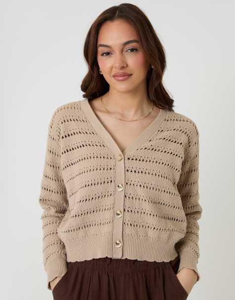 Threadbare Pointelle knit v-neck cardigan in stone - view 1