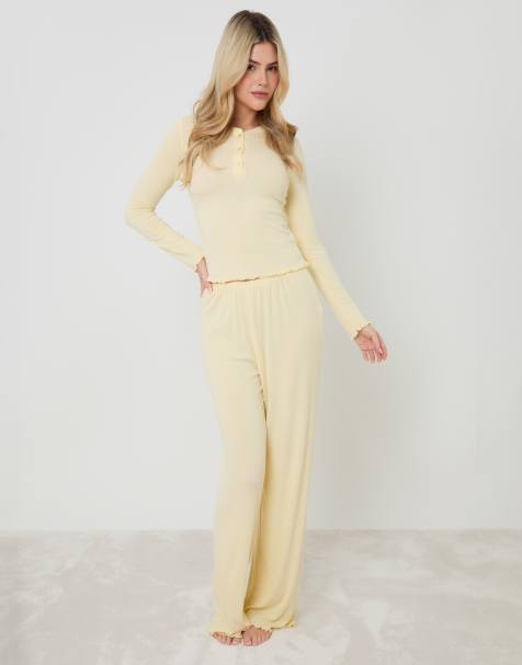Threadbare Pointelle long sleeve henly pyjama set in yellow - view 1