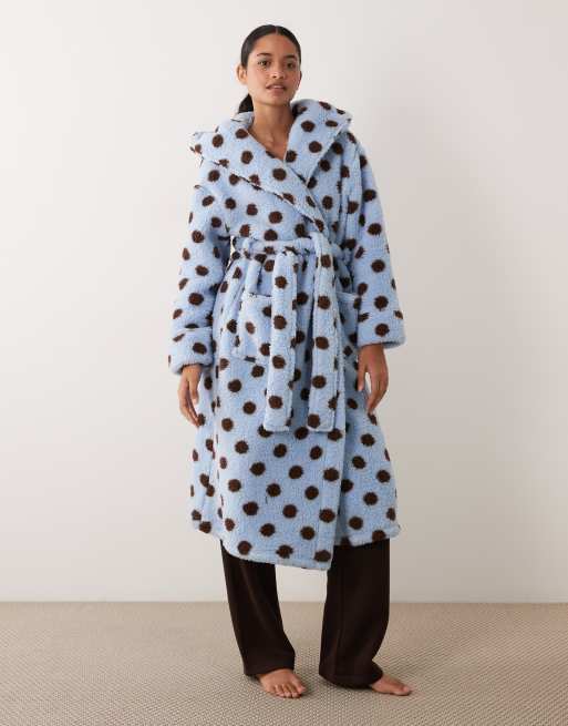 Threadbare polka dot dressing gown with hood in blue and brown, 2 of 4