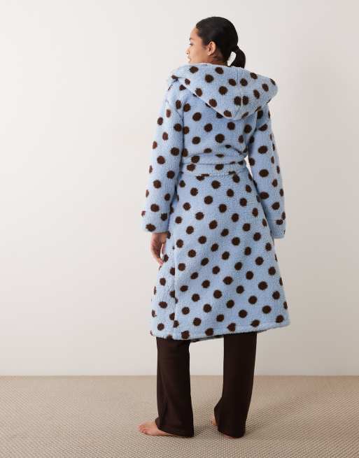 Threadbare polka dot dressing gown with hood in blue and brown, 4 of 4