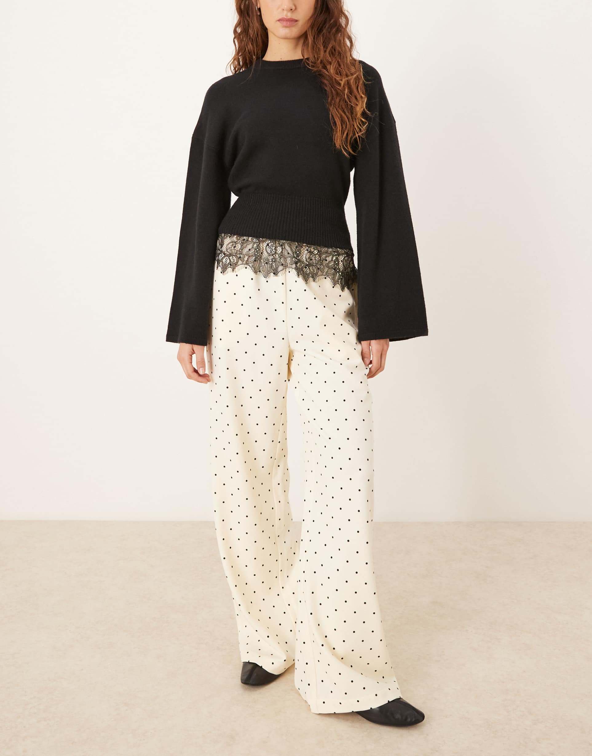 threadbare polka dot pull on pants in black and ecru