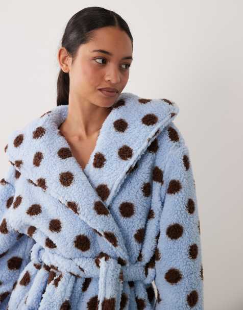 Threadbare polka dot robe with hood in blue and brown - view 1