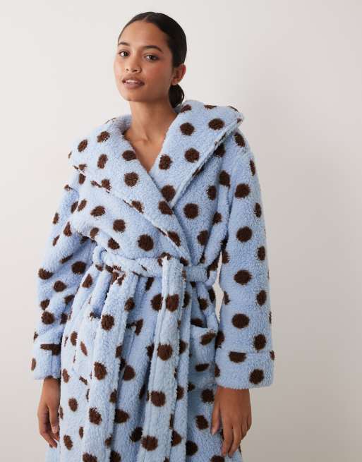 Threadbare polka dot robe with hood in blue and brown, 3 of 4
