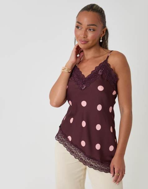 Threadbare Polka dot satin lace trim cami in burgundy - view 1
