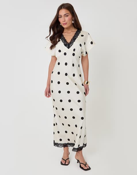 Threadbare Polka dot satin lace trim tea dress in black