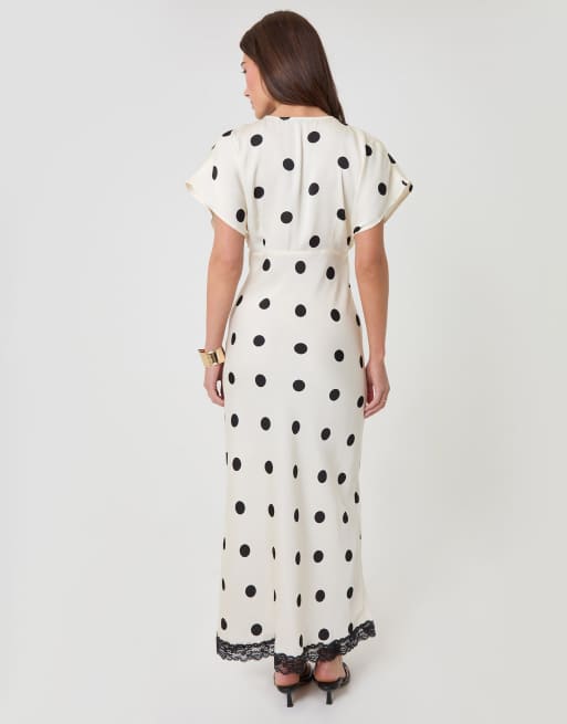 Threadbare Polka dot satin lace trim tea dress in black, 2 of 4