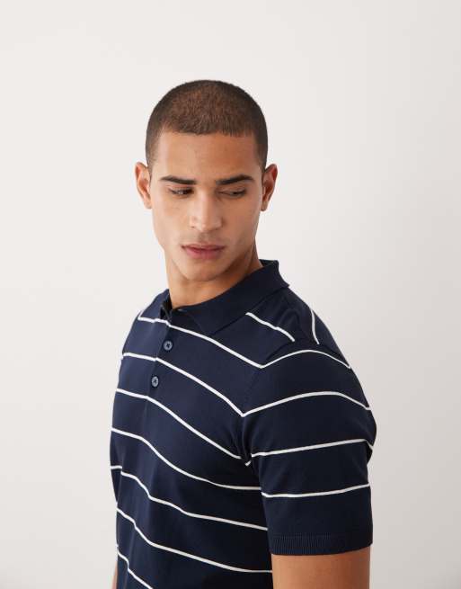 Threadbare - Polo a maniche corte in maglia blu navy a righe écru, 3 di 5