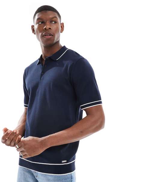 Threadbare - Polo a maniche corte in maglia blu navy con profili bianchi - view 1
