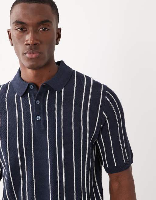 Threadbare - Polo a maniche corte in maglia gessata blu navy ed écru, 3 di 5