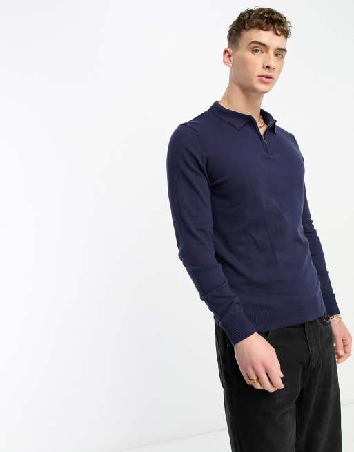 Threadbare - Polo a maniche lunghe in cotone blu navy con zip corta