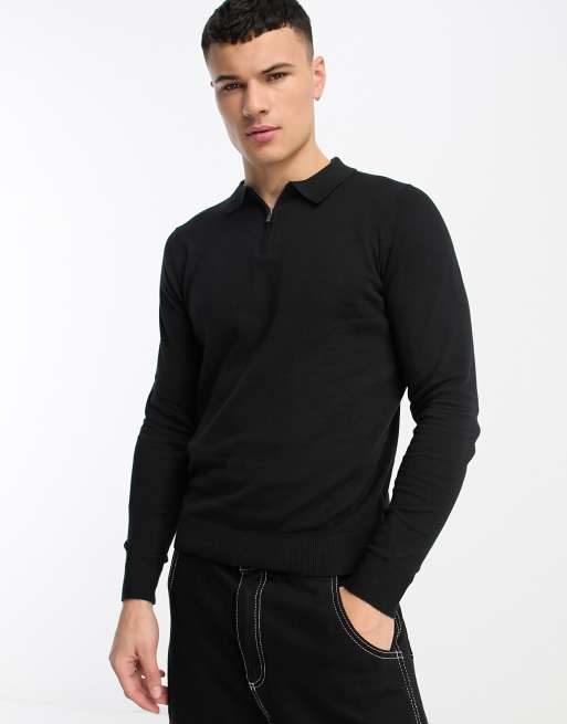 Threadbare - Polo a maniche lunghe in cotone nera con zip corta