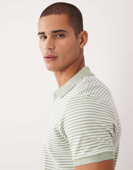 Threadbare - Polo a rayas verde salvia y blancas de manga corta de punto, 4 de 5