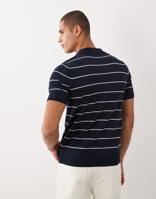 Threadbare - Polo azul marino de manga corta con raya diplomática color crudo de punto, 5 de 5