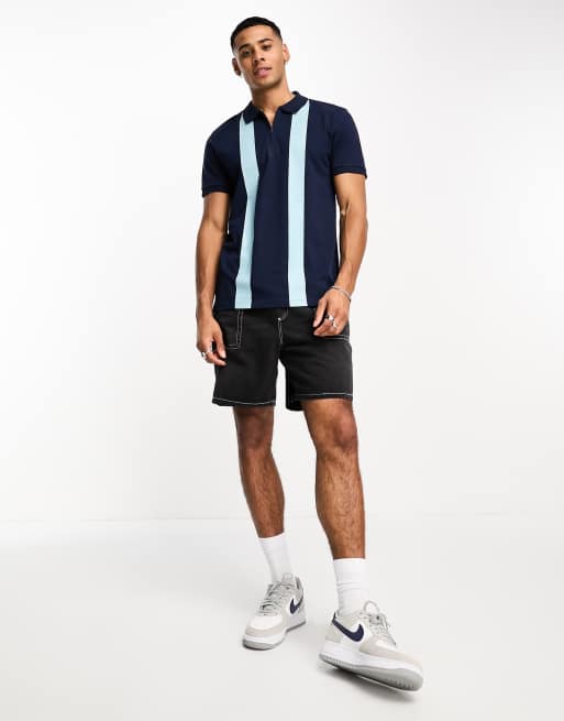 Threadbare - Polo blu navy a righe con zip sul collo