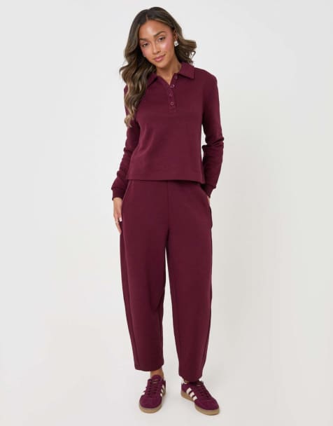 Threadbare Polo collar barrel leg lounge set in plum - view 1