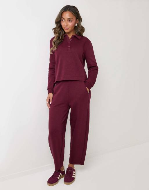Threadbare Polo collar barrel leg lounge set in plum, 4 of 4