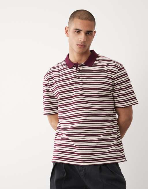 Threadbare - Polo comoda a maniche corte in maglia color prugna ed écru a righe