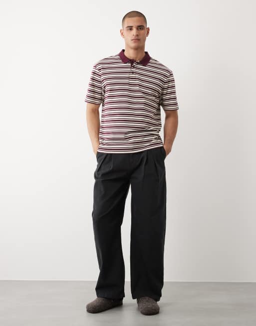 Threadbare - Polo décontracté à manches courtes en maille rayée - Prune et écru, 2 de 5