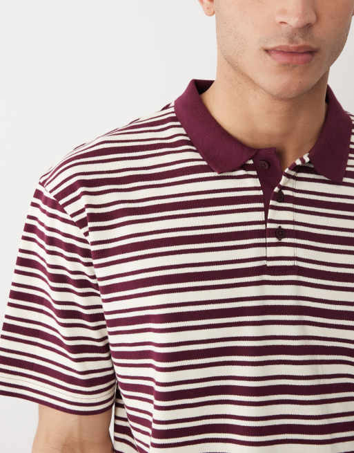 Threadbare - Polo décontracté à manches courtes en maille rayée - Prune et écru, 3 de 5