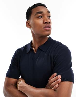 Threadbare - Polo en maille à col ouvert - Bleu marine