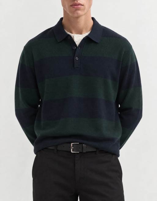 Threadbare polo en maille à rayures style rugby en bleu marine et vert, 9 de 10
