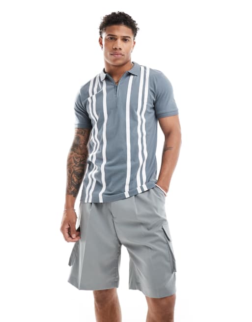 Threadbare - Polo grigia in jersey a righe con scollo con zip