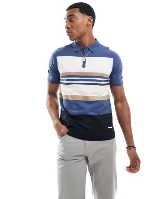 Threadbare - Polo in maglia blu a righe con zip sul collo
