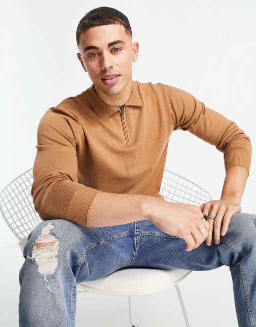 Threadbare - Polo in maglia di cotone a maniche lunghe color cammello con zip corta