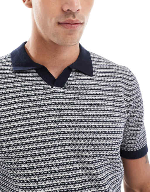 Threadbare - Polo in maglia testurizzata di misto cotone blu navy ed écru, 4 di 4