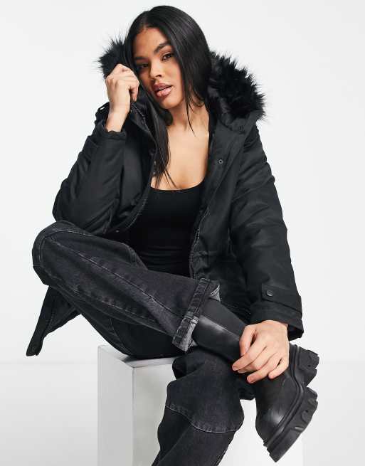 Threadbare - Pop - Parka met rand van imitatiebont in zwart