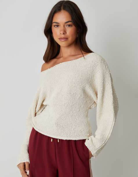 Threadbare Popcorn knit slash neck jumper in stone - view 1