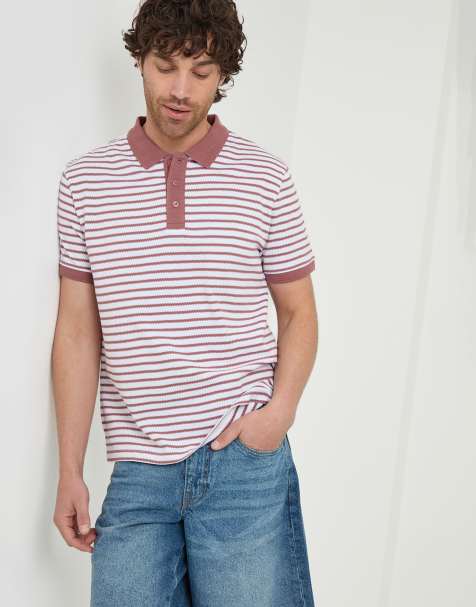 Threadbare Popcorn stripe cotton polo shirt in dusty pink - view 1
