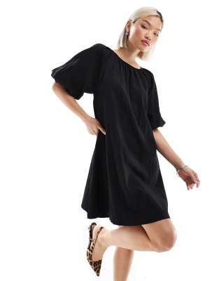 Thumbnail - Threadbare - Popeline-Kleid in Schwarz mit Puffärmeln