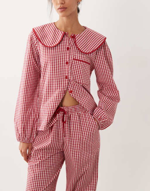 Threadbare poplin check button down pyjama set with frill detail in red, 2 of 4