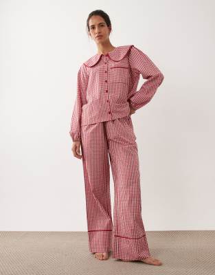 Threadbare Poplin Plaid Button Down Pajama Set With Frill Detailing In Pink