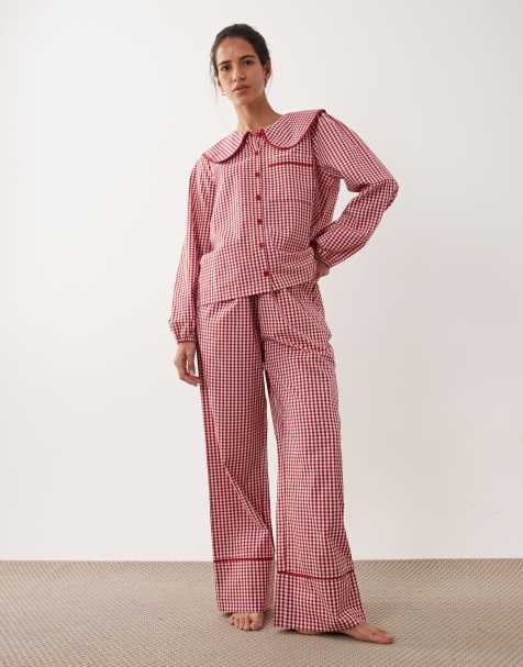 Threadbare poplin plaid button down pajama set with frill detailing in red - view 1