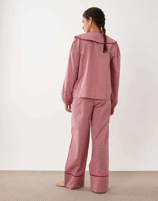 Threadbare poplin plaid button down pajama set with frill detailing in red, 3 of 4
