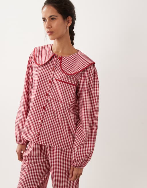 Threadbare poplin plaid button down pajama set with frill detailing in red, 4 of 4