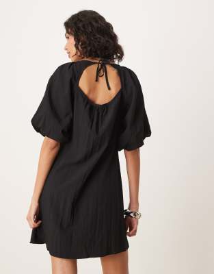 Threadbare Poplin Puff Sleeve Dress In Black